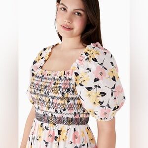 Kate Spade Lily Blooms Floral Puff Sleeve Smocked Top XS Cotton